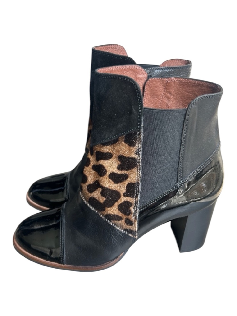 Hispanitas Leather Calf Hair Leopard Print Ankle Boots Spain 39 Block Heel